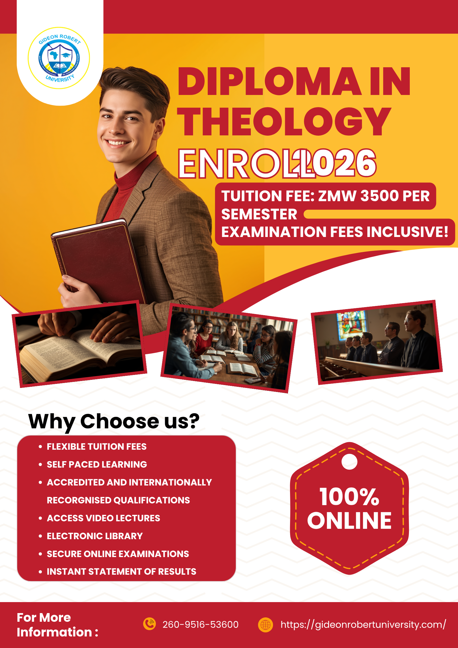 ENROLL TODAY ONLINE DIPLOMA IN THEOLOGY FOR ONLY ZMW 3500 PER SEMESTER EXAM FEES INCLUSIVE.